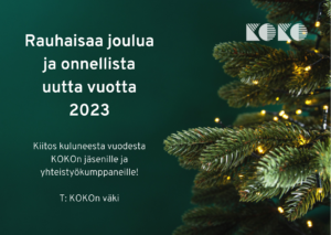 KOKOn joulukortti jäsenille, jossa kuusen kuva.